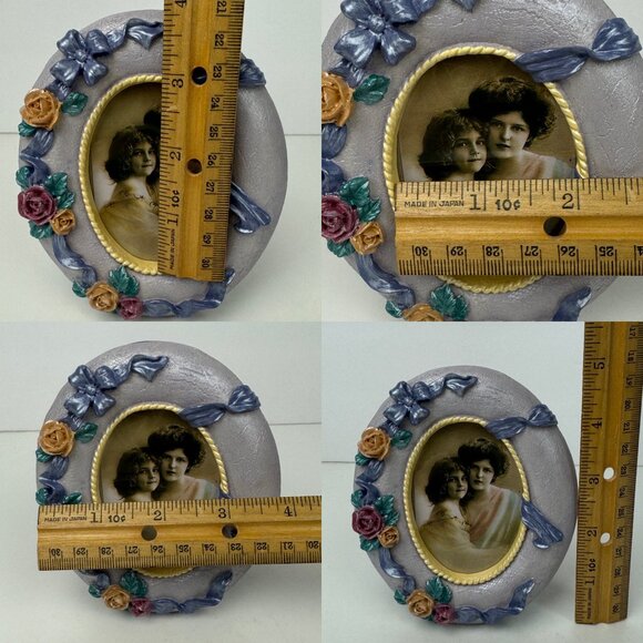Vtg Tabletop Oval Mini Pic Frame Iridescent Purple w 3D Roses Flowers Ribbons - Picture 3 of 13